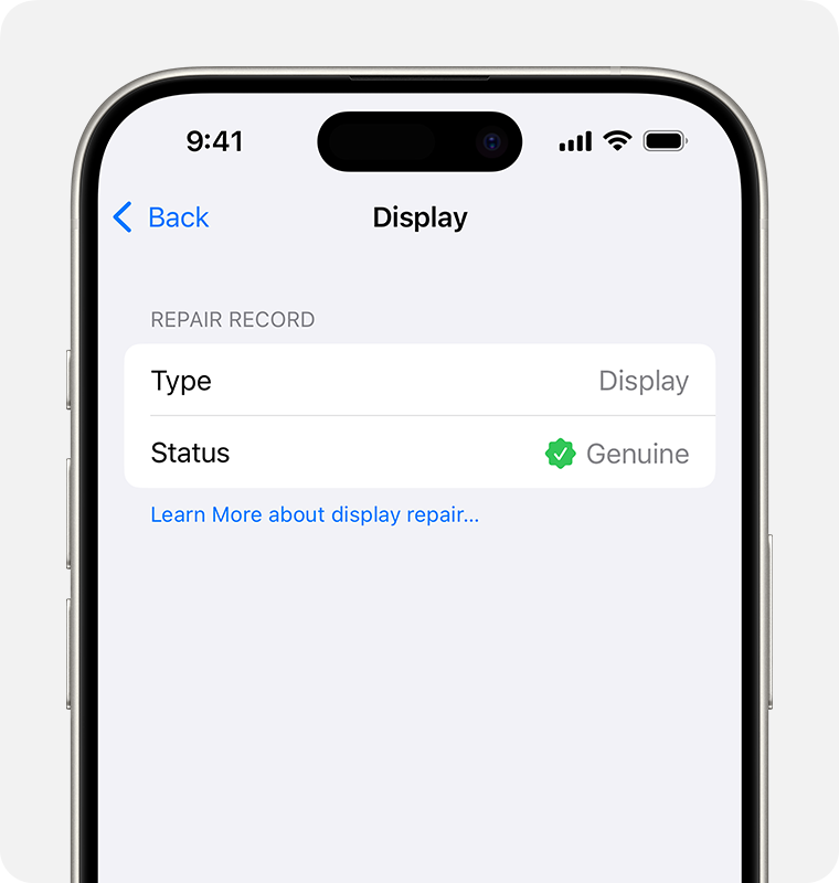 Example of an iPhone parts and service history screen showing genuine part detail